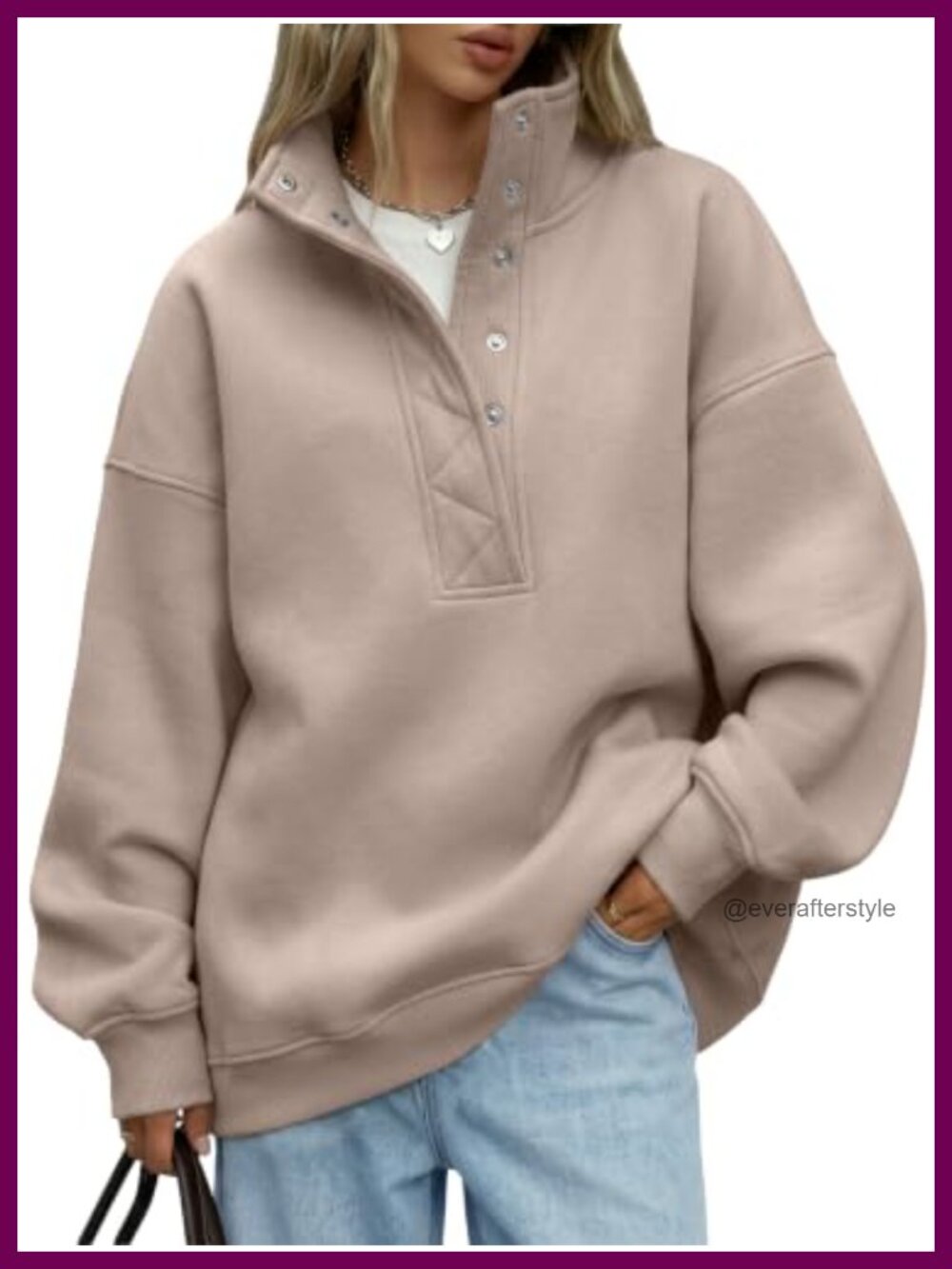 Oversized Henley Sweatshirt Snap Button Collar Cotton Blend Pullover